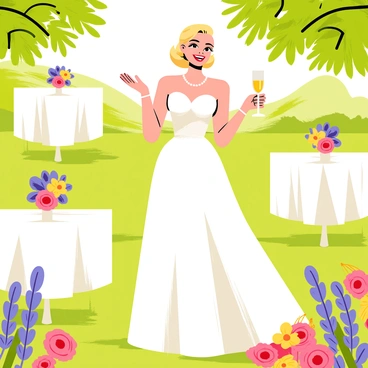 Marilyn Monroe wearing a classic white dress, elegantly posed at an outdoor garden party. The setting features a variety of blooming flowers in vibrant colors, including pink roses, yellow daisies, and purple lavender. She is holding a delicate champagne flute while smiling warmly at the guests around her. The sun is shining brightly, casting soft shadows on the lush green grass. Elegant tables with white tablecloths and colorful floral centerpieces are scattered throughout the scene. A gentle breeze lightly flutters the decorations, adding to the lively atmosphere of the garden party.