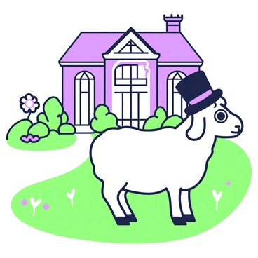 A sheep is standing gracefully on a lush green lawn, wearing a top hat and monocle. The sheep has a fluffy white coat, which contrasts with the dark, formal top hat perched atop its head. The monocle is secured around its eye, giving it a distinguished appearance. In the background, there is a Victorian-inspired manor with intricate details, including large windows and ornate decorations. Surrounding the manor are blooming flowers and neatly trimmed hedges, creating an elegant atmosphere. A winding path leads toward the entrance of the manor, complementing the sophisticated scene.