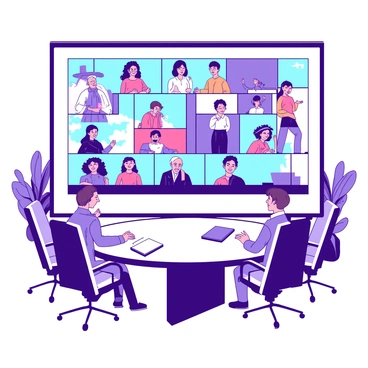 A large screen displays a virtual international forum with multiple participants from various countries. Each participant is represented by a colorful video feed, showcasing diverse backgrounds and settings that reflect their locations. The screen is framed by a modern conference room environment, featuring a round table with several empty chairs. Some of the participants are engaging in discussion, while others are taking notes or smiling. The atmosphere suggests collaboration and exchange of ideas across cultures.