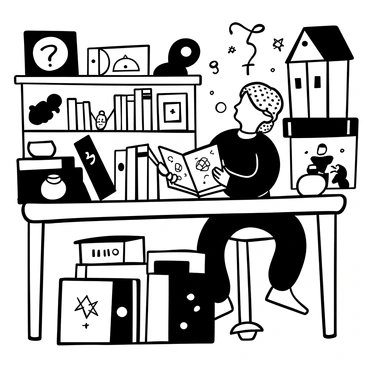 A young wizard with messy hair sitting at a wooden desk, surrounded by stacks of books. He is holding an open book titled "Divination" with intricate symbols on the pages. A quill and an inkpot are placed next to the book. The classroom has shelves filled with various mystical objects and books. A few classmates can be seen in the background, engaged in their own studies. The atmosphere suggests a mix of curiosity and confusion.