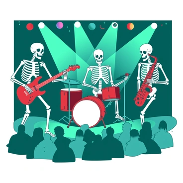 A teal band of skeletons is performing energetically on stage at a lively concert. One skeleton is playing a red electric guitar, while another is seated at a red drum set, joyfully striking the drums. To the side, a skeleton is holding a red microphone and singing passionately, and a fourth skeleton is playing a red saxophone. Colorful lights illuminate the stage, showcasing the excitement of the crowd in front of them, all enjoying the vibrant music being played.