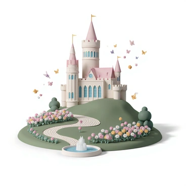 A grand fairytale castle with tall, majestic towers and intricate stonework, perched on a hill. The castle has large stained glass windows that reflect vibrant colors. Surrounding the castle are lush gardens filled with blooming flowers of various colors, including roses, daisies, and tulips. There are winding pathways made of cobblestones leading through the gardens. In the foreground, a small fountain with clear water sparkles under the sunlight, while butterflies flutter above the flowers, adding to the enchanting atmosphere.