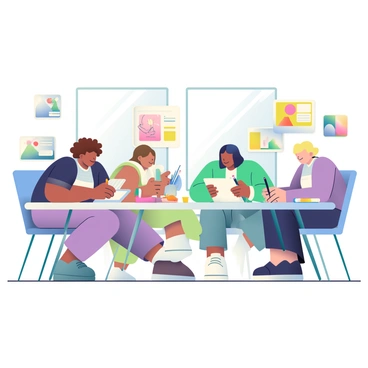 A group of five artists, with diverse skin tones, are gathered around a large, rectangular table inside an illustration agency. Each artist is focused on their sketching, with pencils and markers in hand. One artist, with curly brown hair, is drawing a character design in a sketchbook. Another artist, with straight black hair, is creating a landscape illustration on a tablet. A third artist, with short blonde hair, is leaning over a drawing pad, concentrating on capturing details. On the table, there are various art supplies scattered, including colored pencils, erasers, and reference books. The walls of the room are adorned with framed illustrations and mood boards, adding to the creative atmosphere. Soft light filters in through large windows, illuminating the scene.