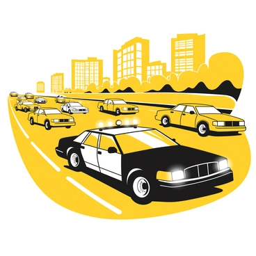 A police car with a black body and white doors is racing down a busy highway. The car has a roof-mounted light bar flashing. Surrounding the police car are several other vehicles, some in motion and others at a standstill. A blurred background shows tall buildings and trees lining the highway. The road is marked with yellow lines, and the pavement reflects the bright lights of the police car. The scene conveys a sense of urgency and action as the police car maneuvers between lanes.