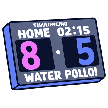 A close-up of a water polo match scoreboard displaying the scores. The scoreboard has a digital format with bright blue and red numbers. The home team's score reads "8" in bold red digits, while the away team's score reads "5" in bold blue digits. The background of the scoreboard is a dark gray color, creating a contrast with the bright scores. Above the scores, the time remaining is indicated in white letters, showing "02:15". The scoreboard also features the names of the teams, displayed in white text, with a stylized font.