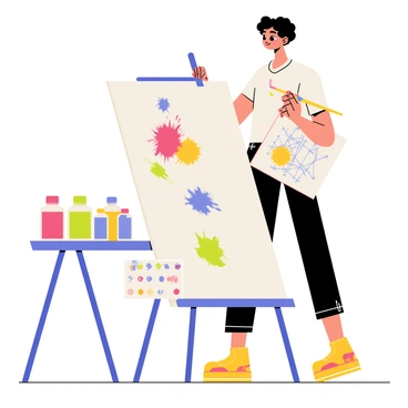 A designer is standing in a brightly lit studio, focused on painting "colorful patterns" on a large piece of white fabric. The designer is holding a paintbrush dipped in "Createx illustration paints" and is applying vibrant splashes of colors, including red, blue, yellow, and green. Various paint bottles are scattered on a nearby table, showcasing an array of colors. The fabric is stretched on a canvas board, displaying intricate designs as the paint dries. The atmosphere is bustling with creativity, with a sketchpad filled with pattern ideas placed beside the designer.