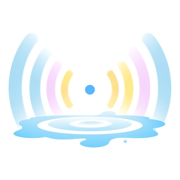 Colorful sound waves are emanating from a central point, depicted as curving lines in various hues of blue, pink, and yellow. The waves create a vibrant ripple effect on the surface of the water, with concentric circles spreading outward. The water is reflecting these colors, enhancing the visual impact of the sound waves. The overall scene presents a dynamic interaction between the sound waves and the water.