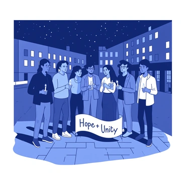 A group of diverse people is gathered in a city plaza, each holding a glowing white candle that illuminates their faces in the quiet night. The individuals are standing closely together, forming a supportive circle, with expressions of calm determination. Soft shadows are cast on the cobblestone ground, and the bright lights of nearby buildings create a contrasting backdrop. The night sky above is filled with twinkling stars, enhancing the peaceful atmosphere of the vigil. In the center of the gathering, there is a small white banner featuring the words "Hope" and "Unity" in soft lettering.