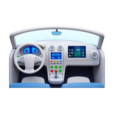A customized dashboard featuring unique controls and displays in a white car. The dashboard has a sleek design with modern digital gauges showing speed and fuel levels. There are unique buttons and switches with a glossy finish, and a large touchscreen display for navigation and entertainment. The interior is well-lit with ambient lighting, enhancing the high-tech feel of the dashboard. The steering wheel is also customized, featuring integrated controls that match the dashboard's design.