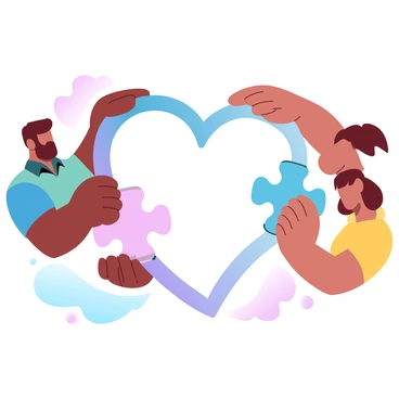 A group of four diverse individuals is gathered around a large heart-shaped puzzle. Each person is holding a different puzzle piece that fits perfectly into the heart's outline. One person has dark skin and is wearing a blue shirt, another has light skin and is dressed in a green shirt, the third has medium skin and is in a red shirt, and the last person has tan skin and is wearing a yellow shirt. The puzzle pieces are brightly colored and appear to have intricate designs. The background shows pastel gradient colors that enhance the theme of collaboration and unity.
