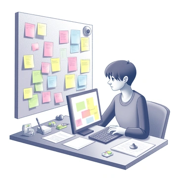 An office worker is seated at a cluttered desk. The worker is focused on a computer screen but is surrounded by an array of colorful sticky notes, some pinned to a bulletin board and others scattered across the desk. Various desk toys, such as a fidget spinner, a small puzzle, and a miniature figurine, are also present on the desk. The scene conveys a busy and dynamic work environment, with the desk's surface filled with papers and writing utensils. The worker's expression shows a hint of distraction, reflecting the vibrant chaos of the workspace.