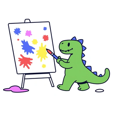 A T-Rex with green scales and small arms is standing in front of a white canvas. The dinosaur is holding a large paintbrush in its tiny hand, and vibrant splashes of blue, red, and yellow paint are scattered across the canvas. The T-Rex has a focused expression as it carefully adds strokes of paint, while colorful paint splatters on the floor around it. The scene is bright and playful, showcasing the T-Rex's artistic endeavor.