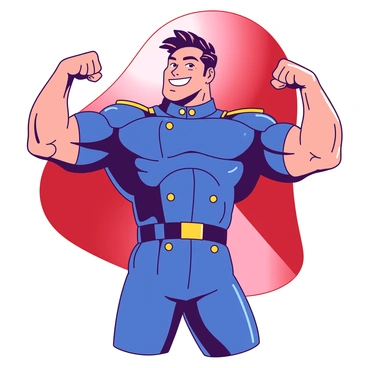 A muscular figure stands confidently, flexing his biceps in an exaggerated heroic pose. The character has short, styled hair and a wide, charismatic smile. His skin is gleaming, reflecting light as if sparkling. He wears a fitted blue military-style uniform adorned with gold accents. The background features a soft blend of red and white, emphasizing the character's formidable presence. The overall scene conveys strength and confidence, with the character's pose suggesting he is ready for action.