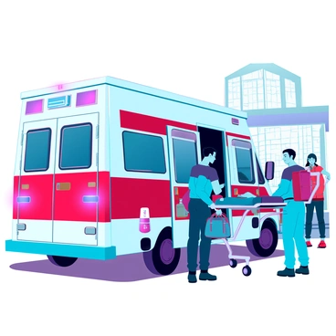 An ambulance with a bright red and white exterior is arriving at the scene, its flashing lights illuminating the surroundings. Two paramedics in blue uniforms are stepping out of the vehicle, one holding a medical bag and the other preparing a stretcher. They are focused and ready to assist a patient. The background includes a crowd of onlookers, watching with concern. Nearby, a city street is visible, with a few parked cars and a clear sky above.