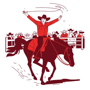 A red cowboy wearing a wide-brimmed hat is skillfully throwing a white lasso. He is positioned on a sturdy brown horse, which stands firmly on the dirt rodeo ground. The cowboy's expression shows focus and determination as he expertly whirls the lasso above his head. In the background, a cheering crowd is visible, with various people wearing hats and western attire, adding to the lively atmosphere of the rodeo event. Dust flies up from the ground as the horse moves, creating a dynamic scene.