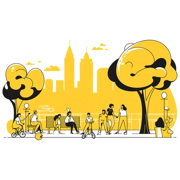 A group of people gathered at the Brooklyn waterfront, smiling and engaging in conversation. Some individuals are sitting on benches while others are standing, taking in the views of the Manhattan skyline in the background. A couple of children are playing with a ball nearby. There are trees lining the waterfront, and a few people are riding bicycles along the path. In the distance, the iconic Manhattan skyscrapers are prominently visible against the sky. A gentle breeze ripples through the scene, adding to the lively atmosphere of the day.