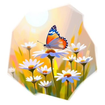 A colorful butterfly with vibrant wings featuring shades of blue, orange, and yellow is resting delicately on a white chamomile flower. The butterfly's intricate patterns are visible as it sits on the bright, daisy-like petals. Surrounding the flower is a sunlit field filled with lush green grass and other wildflowers, all bathed in warm sunlight. In the background, the soft glow of the sun enhances the colors of the scene, creating a tranquil and inviting atmosphere.