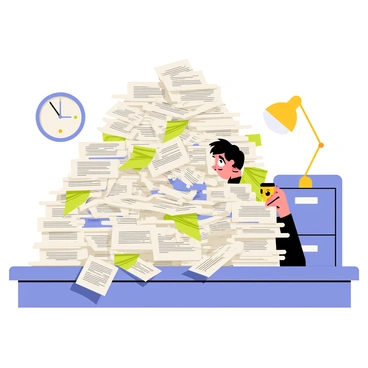A person sitting at a cluttered desk, buried under a towering pile of paperwork. The person's facial expression shows frustration and stress, with wide eyes and a frown. Papers are scattered in disarray, some are crumpled, while others overflow from a nearby filing cabinet. A clock on the wall shows late hours, emphasizing the pressure of deadlines. A coffee cup sits precariously on the edge of the desk, suggesting fatigue. Bright desk lamps illuminate the chaotic scene, casting shadows over the mountain of paperwork.