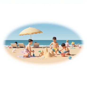 A sandy beach under a clear blue sky, with bright sunlight illuminating the scene. Several kids, wearing colorful swimwear, are actively building sandcastles near the shoreline. One child, with a red bucket and blue shovel, is forming the tower of a sandcastle, while another child, wearing a yellow sun hat, adds decorative shells. Nearby, parents are lounging under large striped umbrellas, some reading books and others sipping drinks. Beach towels are spread out on the sand, and a few beach balls are scattered around the area. Waves gently lap at the shore in the background.