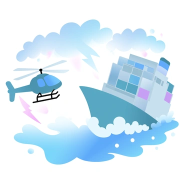 A helicopter is descending towards the deck of a large cargo ship that is swaying in rough seas. The cargo ship has several containers stacked high on its deck, and waves crash against its hull. The helicopter has its skids lowered, with the rotor blades spinning rapidly, creating a dynamic effect. The background features stormy skies, with dark clouds and flashes of lightning illuminating the scene. The water is turbulent, with foamy whitecaps and a sense of movement conveyed by the waves.