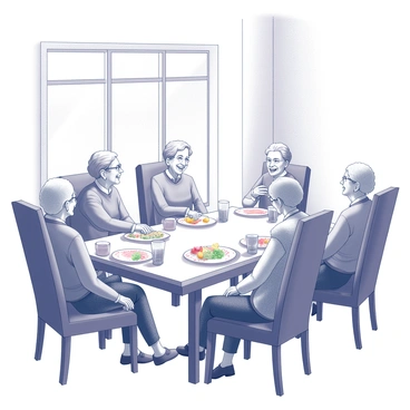 A group of elderly residents sitting together at a large dining table. They are engaged in conversation and sharing laughter, with several plates of food in front of them. The dining room features large windows that let in ample natural light, illuminating the space. The table is set with vibrant tableware, including patterned plates and glasses. The walls are adorned with light decorations, enhancing the cheerful atmosphere in the room.