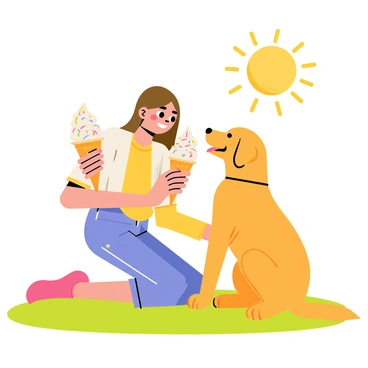A girl with long brown hair is sitting on a grassy field on a hot day. She is holding a large ice cream cone topped with colorful sprinkles. A playful golden retriever is sitting beside her, eagerly reaching up to taste a scoop of the ice cream. The sun is shining brightly, casting soft shadows on the ground. The girl's face is lit up with joy as she shares the treat with her furry friend.