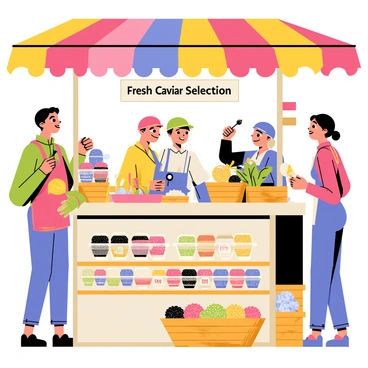 A bustling marketplace stall filled with an assortment of caviar jars. The stall has a vibrant, multi-colored canopy providing shade. Various glass jars of caviar are arranged neatly on wooden shelves, each labeled with different types and colors, including black, red, and golden caviar. A small sign above the stall reads “"Fresh Caviar Selection"” in bold letters. Customers are interacting with the vendor, a smiling individual wearing an apron, while some people sample the caviar on small spoons. Baskets filled with ice and fresh garnishes like lemon wedges and herbs are placed strategically on the stall. The atmosphere is lively with people chatting and enjoying the bustling market vibe.