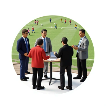 A group of four stakeholders is gathered near the sidelines of a soccer field, engaged in a detailed discussion about sponsorship details. Two of them are wearing formal business attire, one in a navy blue suit with a light blue tie and the other in a gray suit with a patterned tie. The other two stakeholders are dressed casually, one in a red sports jacket and the other in a black polo shirt. They are standing around a small table with documents and a laptop open, pointing at specific points on the papers. In the background, two teams of players are in action on the field, wearing colorful jerseys and shorts, with a soccer ball in play. The sky is clear and the sun is shining down on the field.