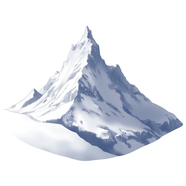 A snow-covered mountain peak towers majestically against a clear sky. The mountain features sharp, jagged edges with slopes that are steep and rocky. The snow blankets the summit, reflecting light and creating a stark contrast with the rugged terrain. The sky above is devoid of clouds, emphasizing the mountain's grand presence. Below the peak, the landscape slopes down into a valley, partially obscured by the snow.