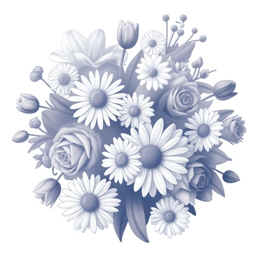 A collage of different flowers arranged in a densely packed pattern. The flowers include daisies, roses, sunflowers, and tulips, each with distinct shapes and textures. The petals of the flowers are intricately detailed, showcasing varying sizes and orientations. Some flowers overlap, creating a dynamic composition with layers of floral elements. The arrangement fills the entire space, capturing a sense of abundance and diversity in the floral forms.