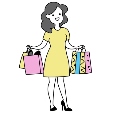A woman with long wavy hair, wearing a bright yellow dress, stands with a wide smile. She is holding colorful shopping bags in both hands, the bags displaying various patterns. From one of the bags, a pair of shiny black trendy heels is peeking out, showcasing their elegant design. She is standing against a simple background, emphasizing her joyful expression and the vibrant shopping bags.