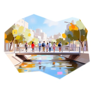 A modern pedestrian bridge spans the Jordan River, characterized by sleek, minimalist design with clean lines and metal railings. The bridge is bustling with a diverse group of people walking across, including a woman in a bright red coat, a man with a backpack, and a couple holding hands. The surrounding environment features lush green trees along the riverbanks and a clear blue sky above. The water of the Jordan River flows gently beneath the bridge, reflecting the colors of the scenery.