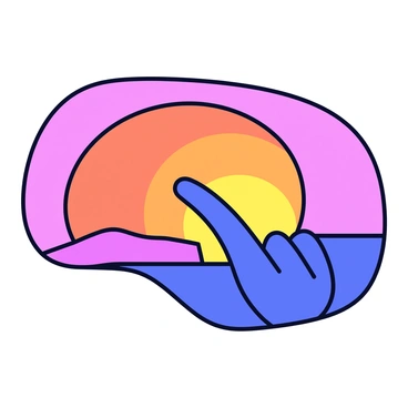 A silhouette of a hand with fingers outstretched is positioned prominently in the foreground. The hand is pointing towards a vibrant setting sun, which displays a rich gradient of orange, pink, and purple hues. The sun is partially visible, dipping below a distant horizon line. The scene is framed by a subtle dark outline of a landscape, enhancing the striking colors of the sky.
