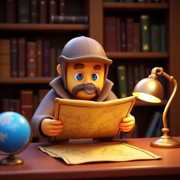 An explorer inspecting an old map with a loupe in a dimly lit study
