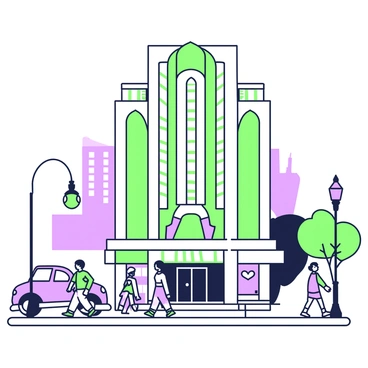A striking art deco building stands prominently on a bustling city street. The building features intricate geometric patterns and bold lines, showcasing its unique architectural style. Surrounding the building, a variety of pedestrians walk along the sidewalk, some engaged in conversation while others are focused on their phones. There are parked cars lining the street, and a streetlamp can be seen nearby, adding to the urban environment. In the background, other buildings rise alongside the art deco structure, creating a lively cityscape.