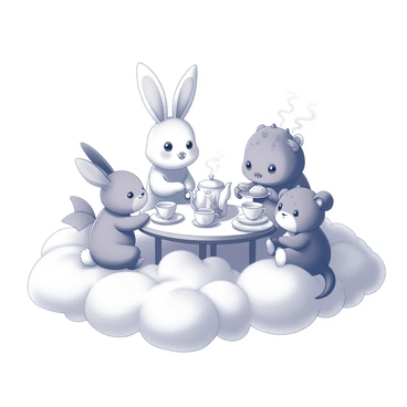 Creatures from a storybook having a tea party on a fluffy cloud