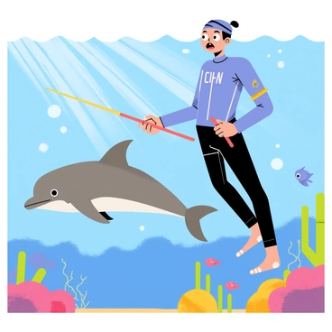 A spearfisher wearing a wetsuit is underwater, holding a speargun with a look of surprise on their face. A playful dolphin, with a sleek gray body and bright eyes, swims closely beside the spearfisher, creating bubbles as it moves. Sunlight filters through the surface of the water, casting shimmering patterns on the ocean floor. Colorful coral and small fish can be seen in the background, adding vibrancy to the underwater scene.