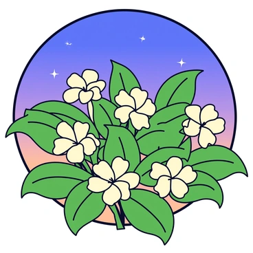 A lush gardenia bush with glossy green leaves and clusters of creamy white flowers. The flowers are fully bloomed, showcasing their delicate petals. Above the bush is a twilight sky transitioning from deep blue to darker shades, with a few early stars beginning to twinkle. The scene captures the soft glow of the fading light, highlighting the beauty of the gardenia flowers.