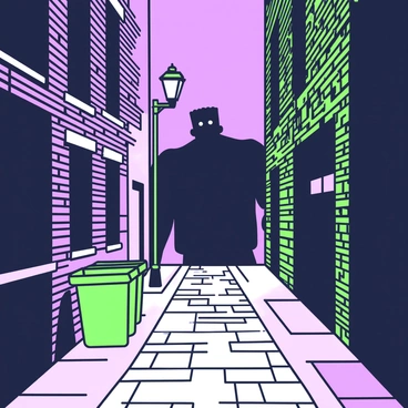 A shadowy alleyway stretches into the distance, its cobblestone pavement glistening from recent rain. Tall buildings with brick facades rise on either side, their windows dark and uninviting. In the background, there is a large silhouette of "Frankenstein's monster," standing menacingly. The figure has broad shoulders and a square jaw, emphasizing its imposing presence. The alley is dimly lit by a flickering street lamp, casting elongated shadows against the walls. A few scattered garbage bins lean against one side, adding to the atmosphere of neglect and desolation.