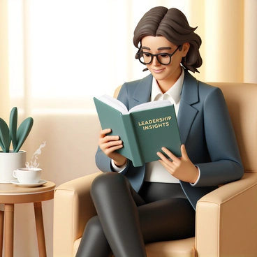 A confident woman, wearing a tailored navy blazer over a white blouse and black trousers, is seated comfortably in a plush armchair in a cozy corner of her office. Her hair is styled in loose waves, and she wears stylish glasses perched on her nose. She is deeply engrossed in a thick hardcover book titled "Leadership Insights", with a slight smile on her face, reflecting her enjoyment of the content. Beside her, a small round wooden side table holds a steaming cup of chamomile tea, and a potted plant adds a touch of greenery to the scene. The office is warmly lit, with soft light filtering through sheer curtains, creating an inviting and serene atmosphere.