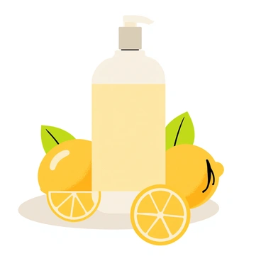 A bottle of "lemon-scented lotion" is positioned upright on a smooth surface. The bottle is clear, showcasing the light yellow lotion inside. Surrounding the bottle are several whole "fresh lemons" with vibrant yellow skin and a few that have been cut in half, revealing their juicy interiors. "Citrus leaves" with a glossy green texture are scattered around the lemons, adding a touch of natural greenery to the composition. The overall arrangement creates a bright and refreshing atmosphere.