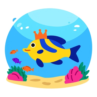 A large tropical fish with vibrant blue and yellow scales swims gracefully through a coral reef. The fish has a crown-like structure on its head, symbolizing its status as king. Surrounding it are smaller fish of various colors, including orange and purple, that swim playfully in formation. The coral is a mix of bright colors, featuring pinks and greens, adding to the liveliness of the underwater scene. Sunlight filters down through the water, creating shimmering patterns on the sandy ocean floor.