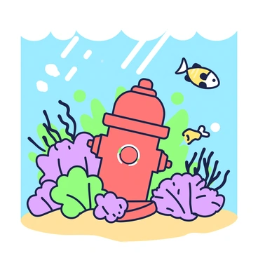 A fire hydrant is partially submerged underwater. The hydrant is bright red and distinctly visible against the blue water. Surrounding it, various species of fish swim playfully, showcasing different sizes and shapes. Colorful coral formations in shades of green and purple provide a vibrant backdrop, with some corals resembling branches and others appearing more like soft mounds. Sunlight filters through the water, creating shimmering patterns on the sandy ocean floor, enhancing the lively underwater scene.