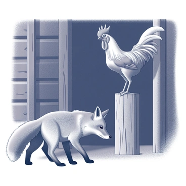 A fox with a bushy tail is crouched low in the shadows, its fur appearing in various shades of grey. The barn has wooden beams and weathered planks, creating a rustic setting. The rooster is perched on a wooden post, its feathers fluffed and its head turned towards the fox, showcasing its vibrant plumage. The scene captures the tension of the fox's watchful gaze and the rooster's alert posture, set against the dimly lit interior of the barn.