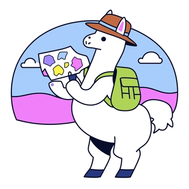 A llama dressed as an explorer is standing upright on its hind legs. The llama is wearing a brown explorer hat and a small green backpack. In one hoof, it holds a rolled-up map with colorful markings, and in the other hoof, it grips a pair of binoculars. The llama has a determined expression on its face as it looks towards the horizon, ready to embark on its adventure. The background features a simple cartoon style landscape with rolling hills and a bright blue sky.