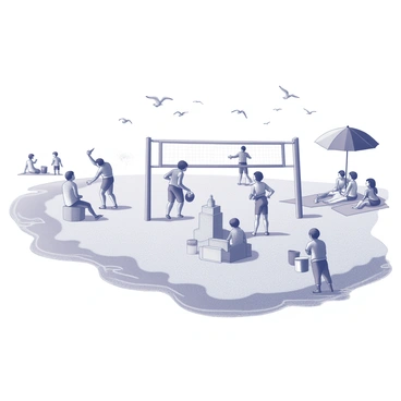 A beach scene with a sandy shore and gentle waves lapping at the water's edge. Several people are building sandcastles, carefully sculpting towers and walls with buckets and shovels. A group of individuals is engaged in a game of beach volleyball, with one player leaping to hit the ball while others prepare to receive it. Sun umbrellas are scattered across the beach, providing shade for some sunbathers lounging on towels. In the background, a few children are splashing in the water, and seagulls are flying overhead. The overall atmosphere depicts a lively day at the beach.