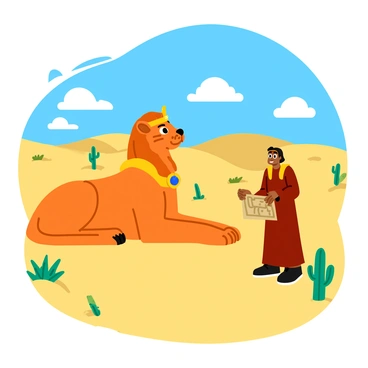 A wise sphinx with a regal lion's body and a human head sits majestically on a sandy dune. The sphinx has intricate markings on its face and a golden headdress adorned with jewels. In front of the sphinx stands a traveler dressed in flowing robes, looking intrigued and slightly puzzled. The traveler has a weathered map in one hand and gazes at the sphinx expectantly. The desert landscape surrounds them, featuring rolling sand dunes under a bright blue sky dotted with a few fluffy white clouds. Cacti and small tufts of grass are scattered throughout the scene, emphasizing the arid environment. The sphinx's mouth is open, indicating that it is speaking, and the air shimmers with heat in the distance.