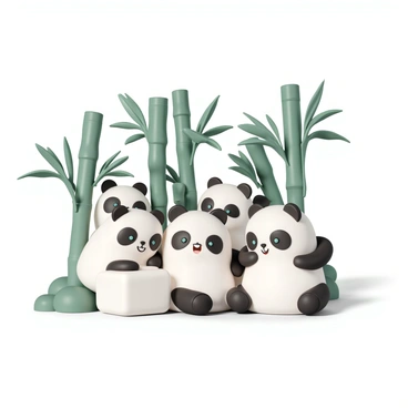 A group of cute marshmallows shaped like pandas, each with black ears and eyes, is sitting together in a lush bamboo forest. The marshmallows have a smooth, white exterior, and they are nestled among tall, green bamboo stalks that stretch upward. Sunlight filters through the leaves, casting gentle shadows on the ground. The pandas are positioned playfully, some leaning against bamboo, while others are facing each other, creating a cheerful atmosphere in the tranquil forest setting.