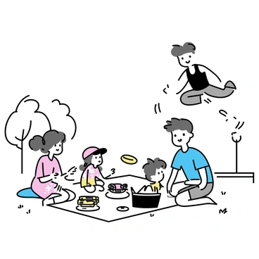 A family is gathered on a blanket in a park, enjoying a picnic. The family consists of a father wearing a blue t-shirt and shorts, a mother in a floral dress, and two children, a boy in a red cap and a girl with pigtails. They are surrounded by a picnic basket, plates of food, and a frisbee. Nearby, a parkour athlete is performing stunts, wearing a black tank top and gray sweatpants. The athlete is mid-air, executing a flip over a low bench, with trees and grass in the background.