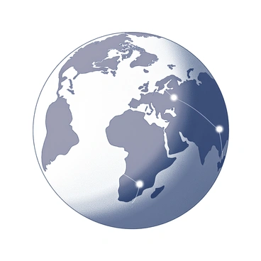 A globe displayed in a three-dimensional view. The globe features prominent geographical outlines of continents and countries. On the surface, there are several lines connecting various cities, illustrating a network system. The lines vary in thickness, with some locations marked with small dots or circles indicating the cities involved in the confederation. The overall composition presents a sense of global connectivity and collaboration among the cities represented.